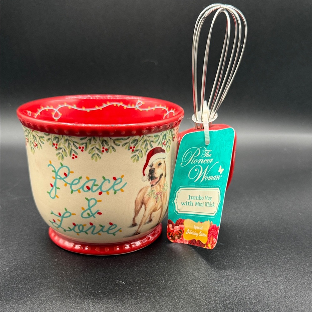 The Pioneer Woman Cream and Red Holiday 'Peace & Love' Jumbo Mug with Mini Whisk